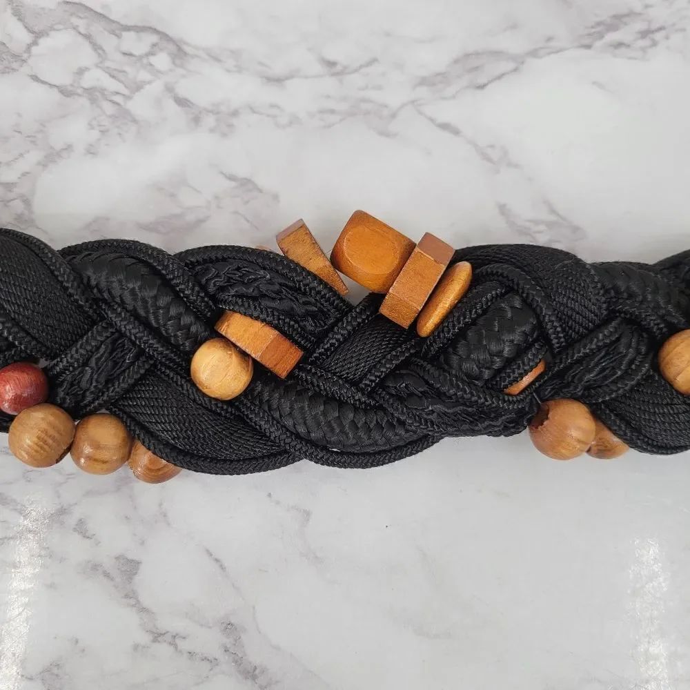 Black Braided Belt with Wooden Beads Vintage 80s Nylon Strech Cord Woven - Picture 5 of 9